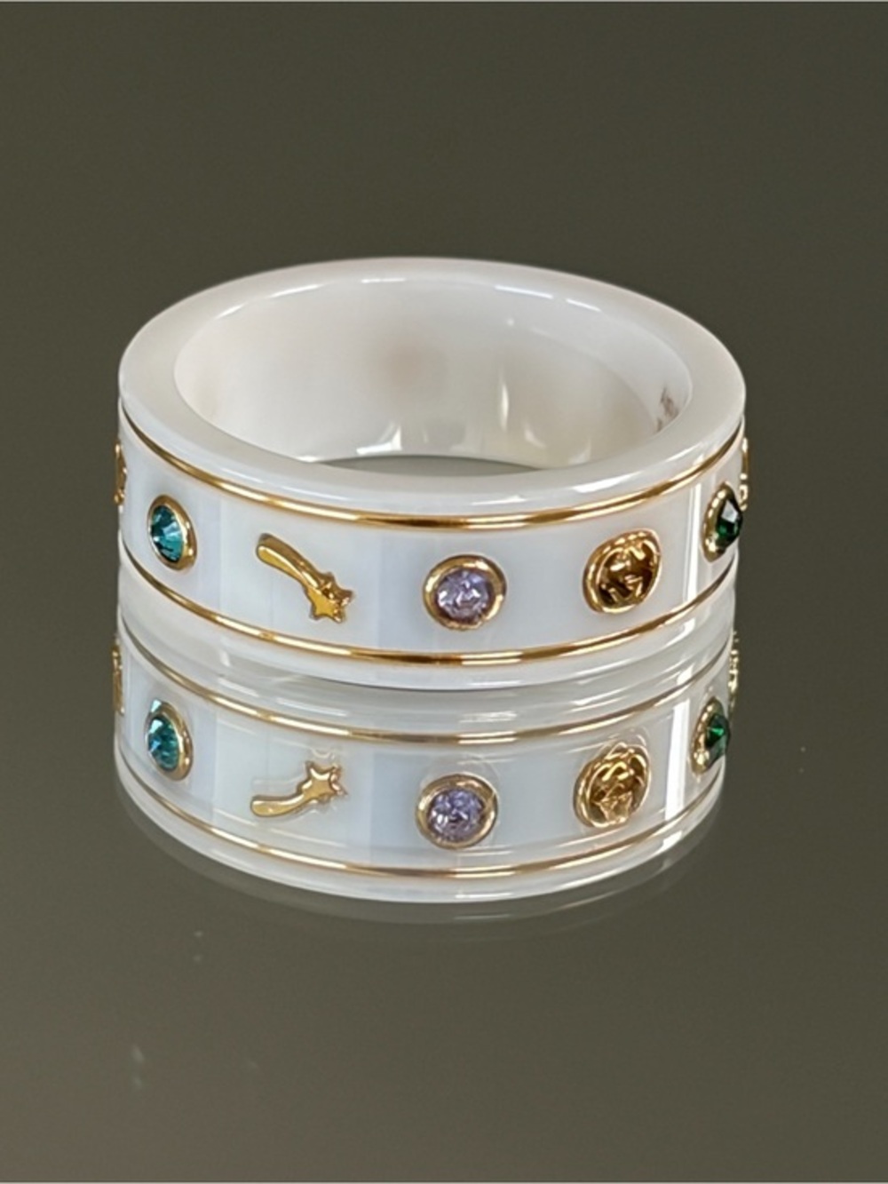 Monogram White Ceramic Ring with Multicolor Crystal Accents 8